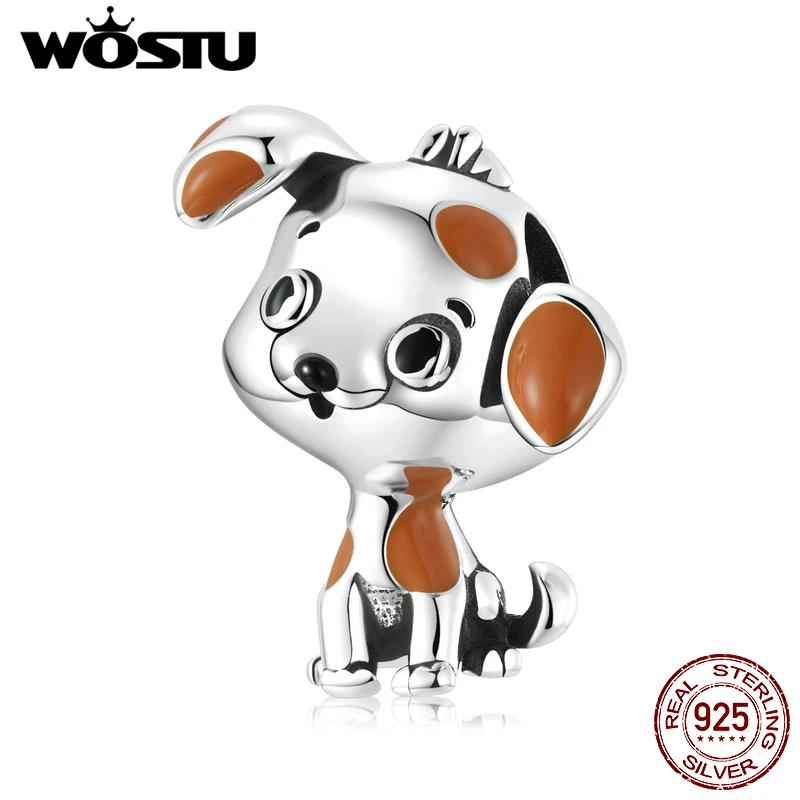 WOSTU 925 Sterling Silver Animals Cute Lively Dog Charm Bead Pendant Fit Original Bracelet Necklace For Women Jewelry CQC2159