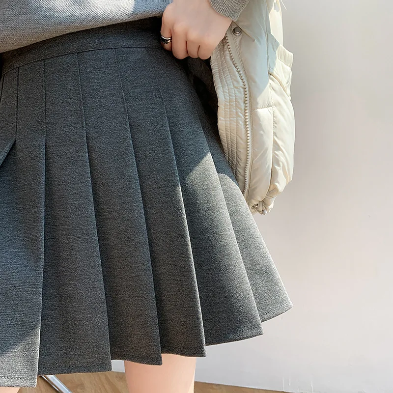 Autumn Women Mini Skirts Zipper High Waist Solid JK Skirts A-Line Skirts Fashion Casual Sexy Pleated Skirt Femme Gray Streetwear