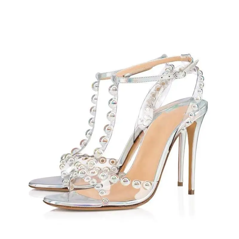 Colorful Bauble-Studded High Heel Sandals Rainbow Studs T-Strap Sandals Women Summer Shoes Embellished Bead PVC Women Sandals