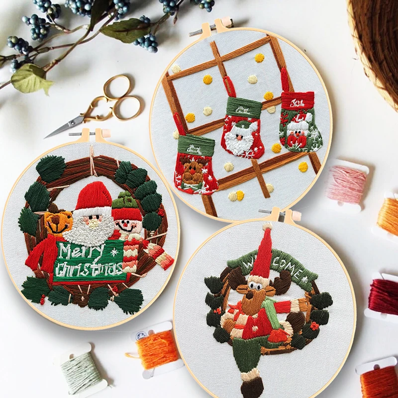 

Merry Christmas DIY Embroidery Set for Starter Santa Claus Elk Print Fabric Threads Cross Stitch Kit Sewing Needlework Kits