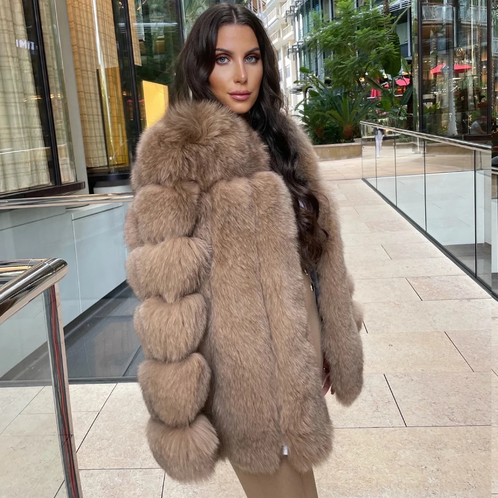 เสื้อแจ็คเก็ตขนสุนัขจิ้งจอกสีกากีสำหรับผู้หญิง คอทรงโอ ความยาวปานกลาง ของแท้ เสื้อคลุมกันหนาวสำหรับฤดูหนาว เสื้อโค้ทขนสัตว์ใหม่สำหรับอากาศหนาว