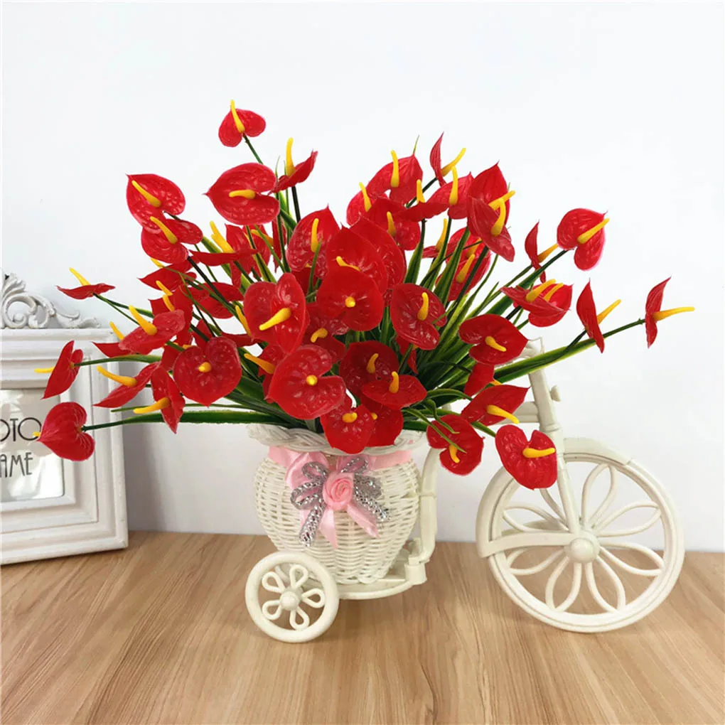 7 branch Anthurium Flower with Leaves Home Hotel Table Decor Centerpiece Floral Plastic Fake Flower
