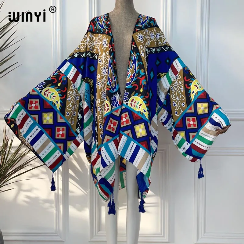 WINYI 2021 Afrika Sommer Frauen Strickjacke stich robe Cocktail sexcy Boho Maxi Afrikanischen Urlaub Batwing Hülse Silk Robe