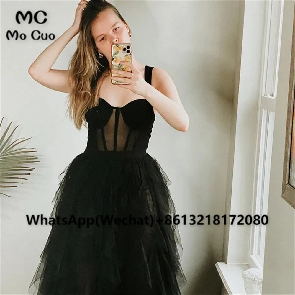 2021 Vrouwen Sweetheart Hals Slip Homecoming Jurk Zwart Tiered Backless Illusion Bustier Jurk Tule Cocktail Gown Party Dress