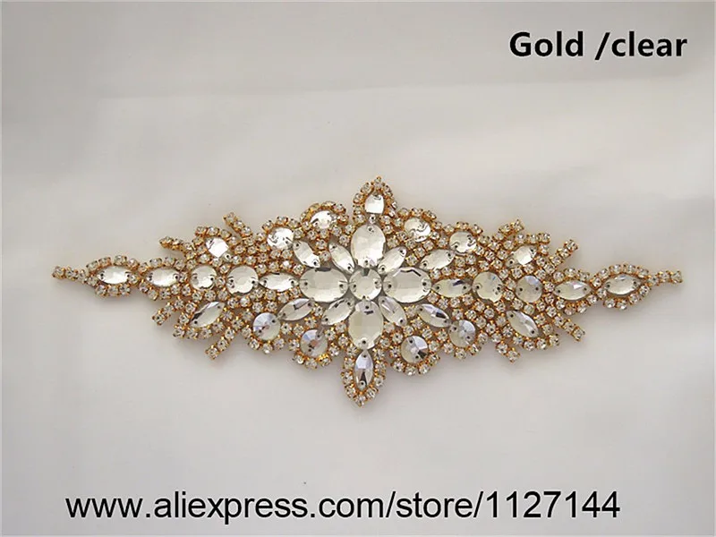 (1PC) Gold clear crystal glass bridal rhinestone applique belt wedding sash for wedding dress WDD0472