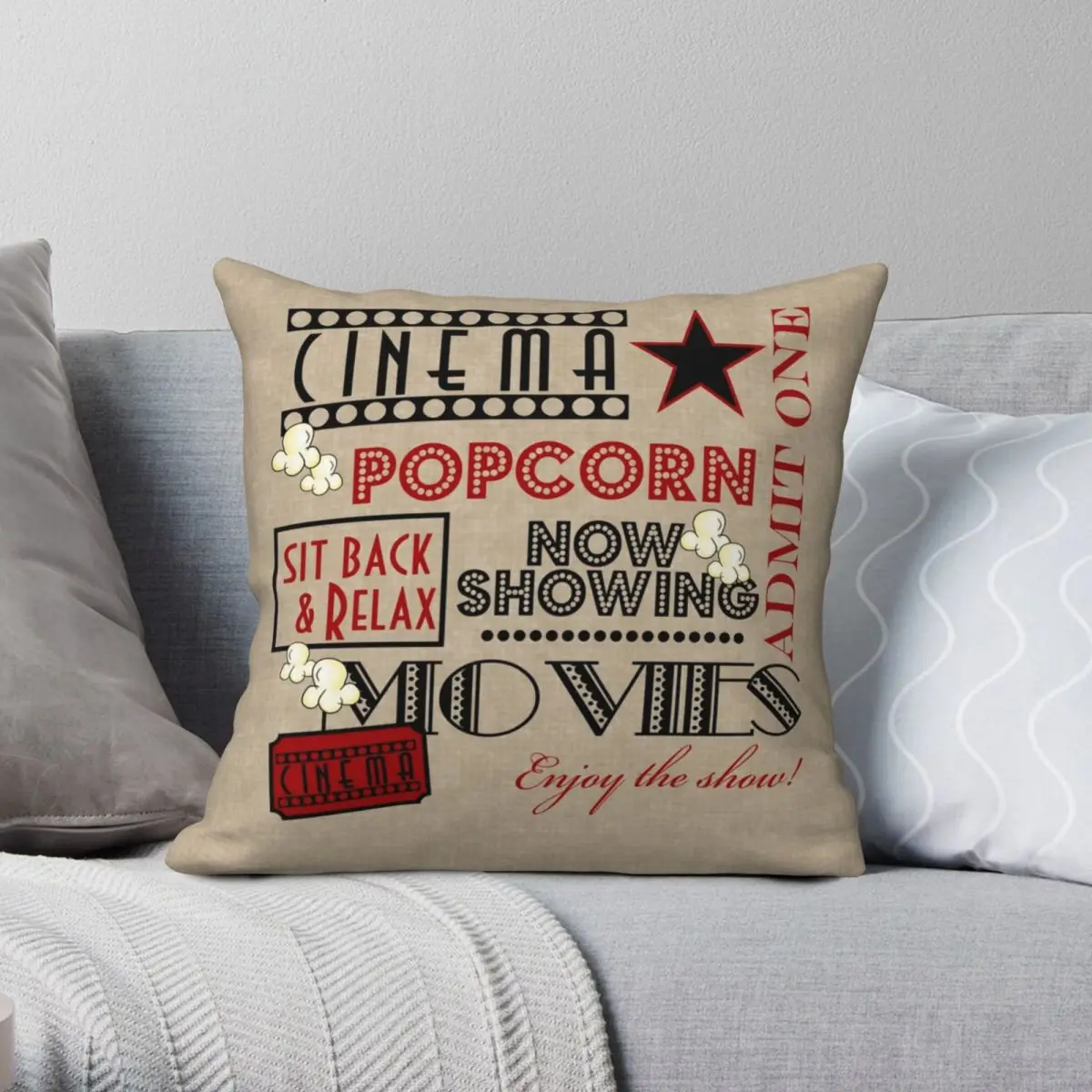 

Movie Theater Cinema Admit One Ticket-Red Square Pillowcase Polyester Linen Velvet Zip Decorative Pillow Case Room Cushion Cover