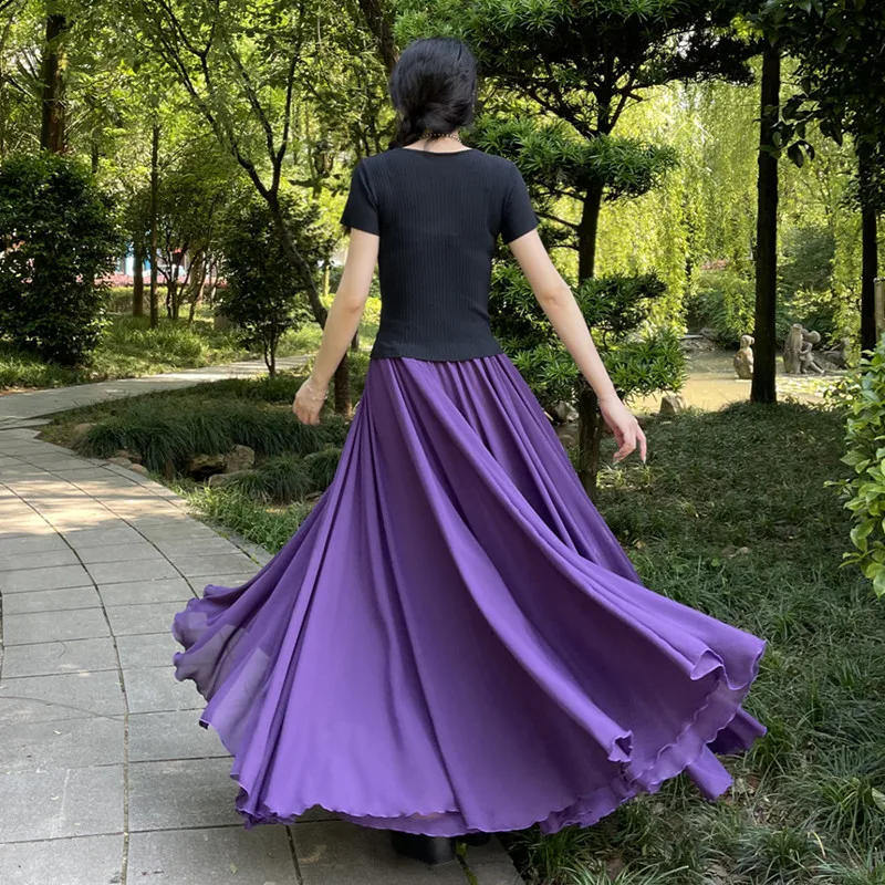 TIYIHAILEY Long Maxi Skirts A-Line Elastic Waist Women Double Layer Chiffon Solid Color Big Hem Dance Skirts 2024 Fashion