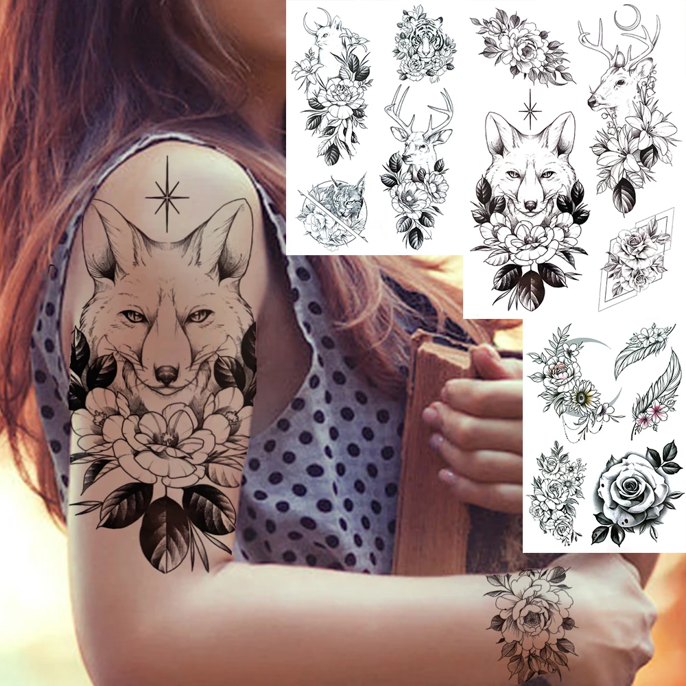 Tribal Wolf Deer Flower tymczasowy tatuaż dla kobiet mężczyzn dorosłych fałszywy kot tygrys tatuaż naklejki czarny zwierząt Tatto Totem Armband