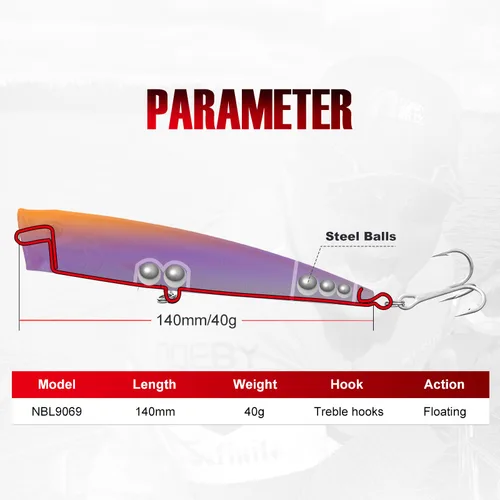 Imagen 2 del producto NOEBY-Señuelos de Pesca Popper, 140mm, 40g, Wobblers Topwater, flotante, Artificial, gran juego, cebo duro para atún, Surf, aparejos de pesca