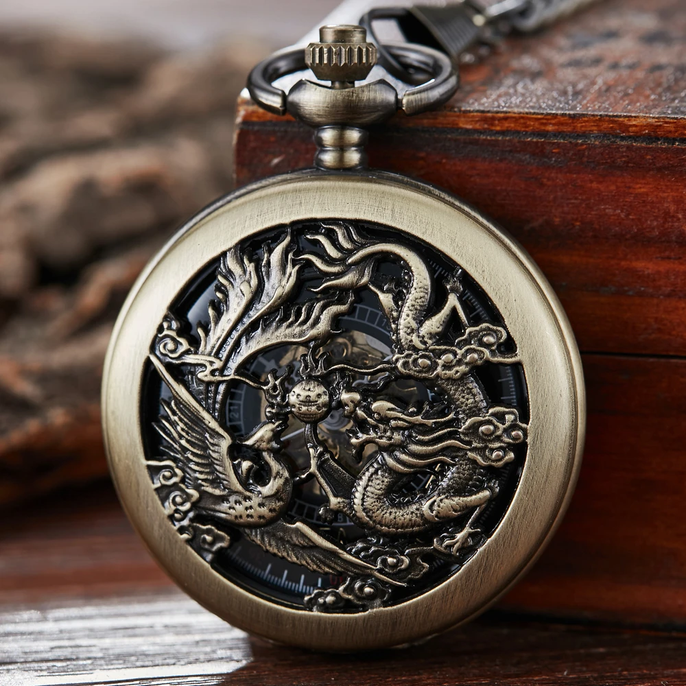 Mechanical Pocket Watch Dragon Phoenix Play Ball Steampunk Skeleton Hand-wind Flip Clock Fob Watch With Chain Double Hunter Gift