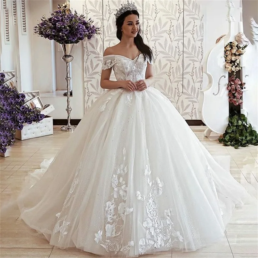 Personalizado elegante vestido de baile noiva vestido de casamento robe de mariee rendas até com apliques princesa vestido de casamento