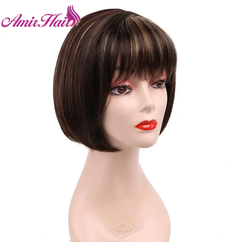 Amir short  Hair Wigs Synthetic Bob Wig With Bangs Ombre Black Mixed Brown Hair For Women Bob Hairstyle Heat Resistant Fiber