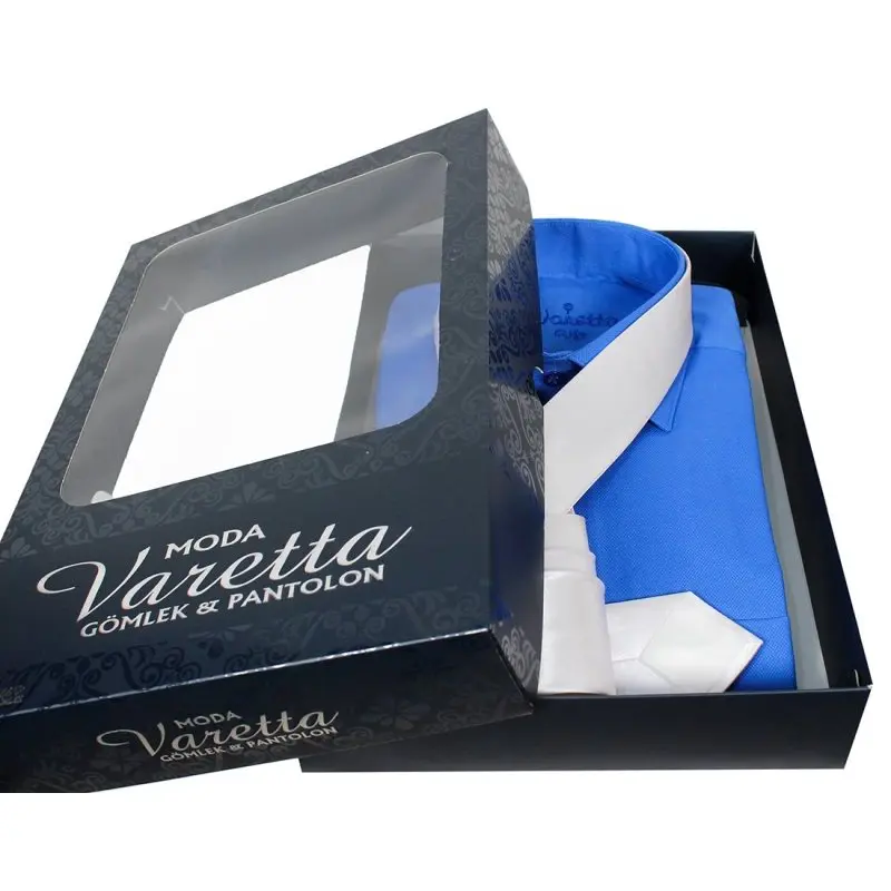 Men's set customized gift for men Long Sleeve Solid blue Shirt and tie men gift set valentine gift for men gift box by Varetta