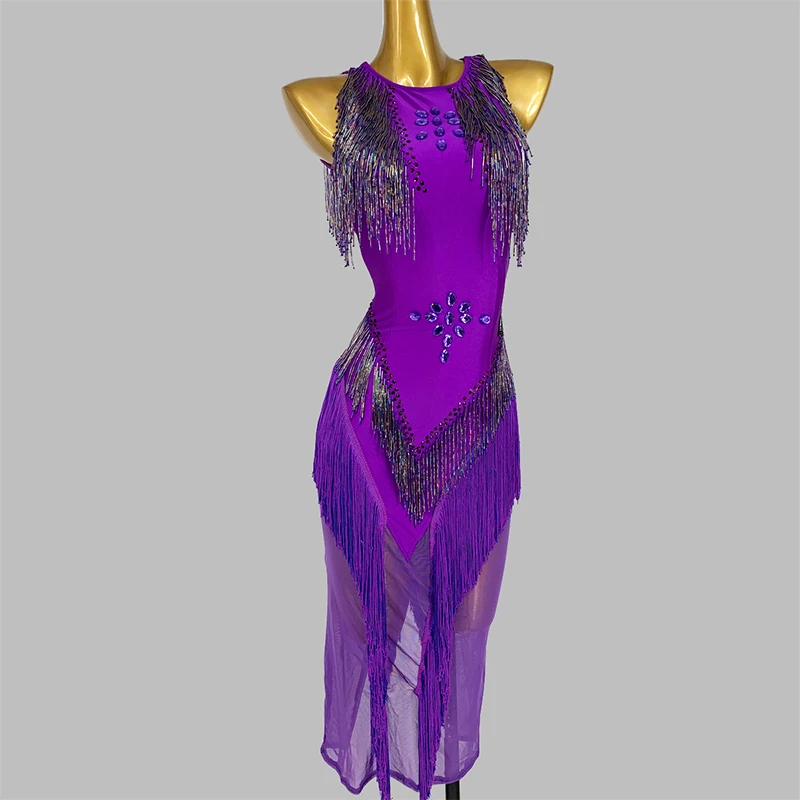 2021 Purple Latin Dance Competition Dresses For Women Prom Stage Costume Sexy Backless Fringe Dress Tango Rumba Dancewear BL6592