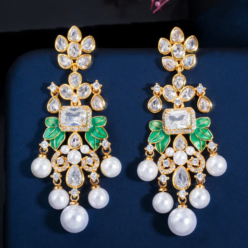 CWWZircons Blumen Zirkon Lange Hängeohrringe mit Perlen für Frauen Afrikanische Brautohrringe aretes de mujer modernos Großhandel E0375 – Detail 4