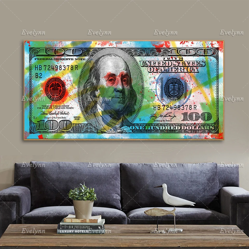 Colorful 100 Dollar Bill Money Wall Decor Print Colorful Wall Art Money Poster Benjamin Franklin Dollar Bill Canvas Home Decor