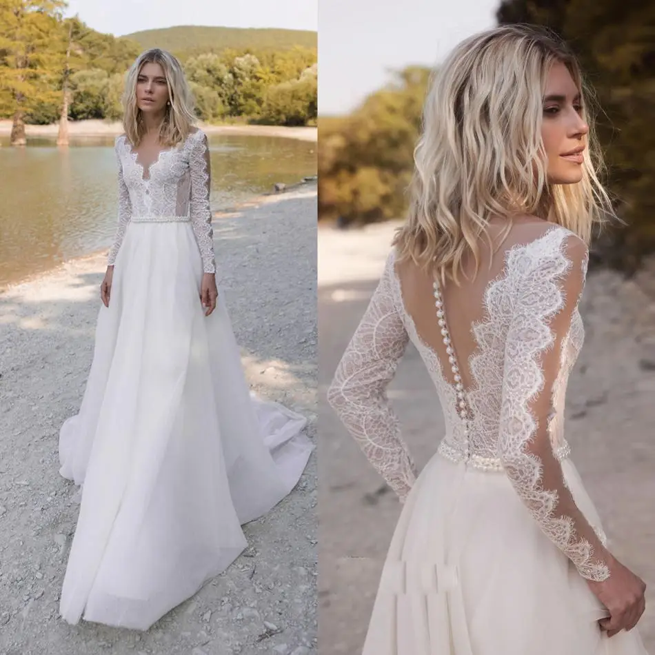 Bohemian Wedding Dresses Long Sleeve Lace Applique Beads Bridal Gowns Customized Button Back A Line Wedding Dress Robe De Mariee