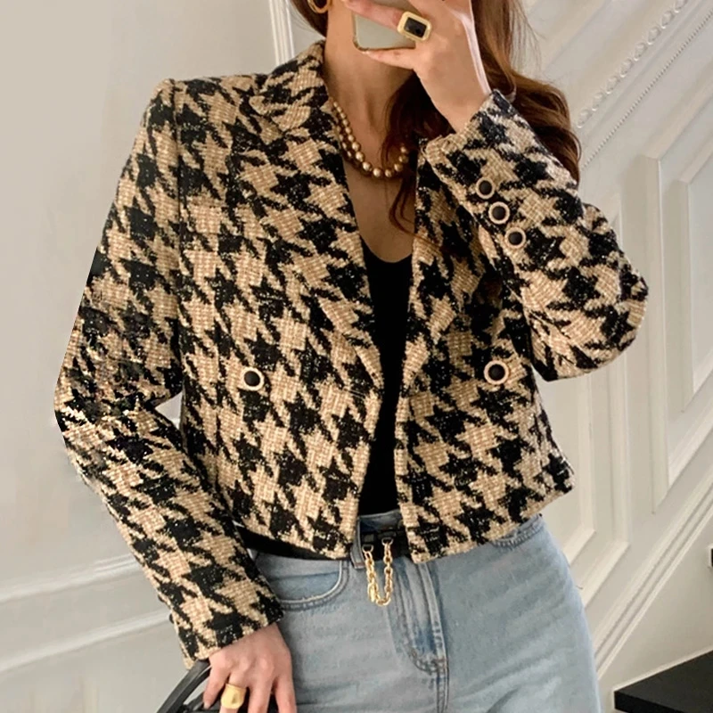 

New Women Spring Turn Down Collar Double Breasted Jacket Coat Female Minimalist Loose Plaid Cotton Cardigan Outerwear