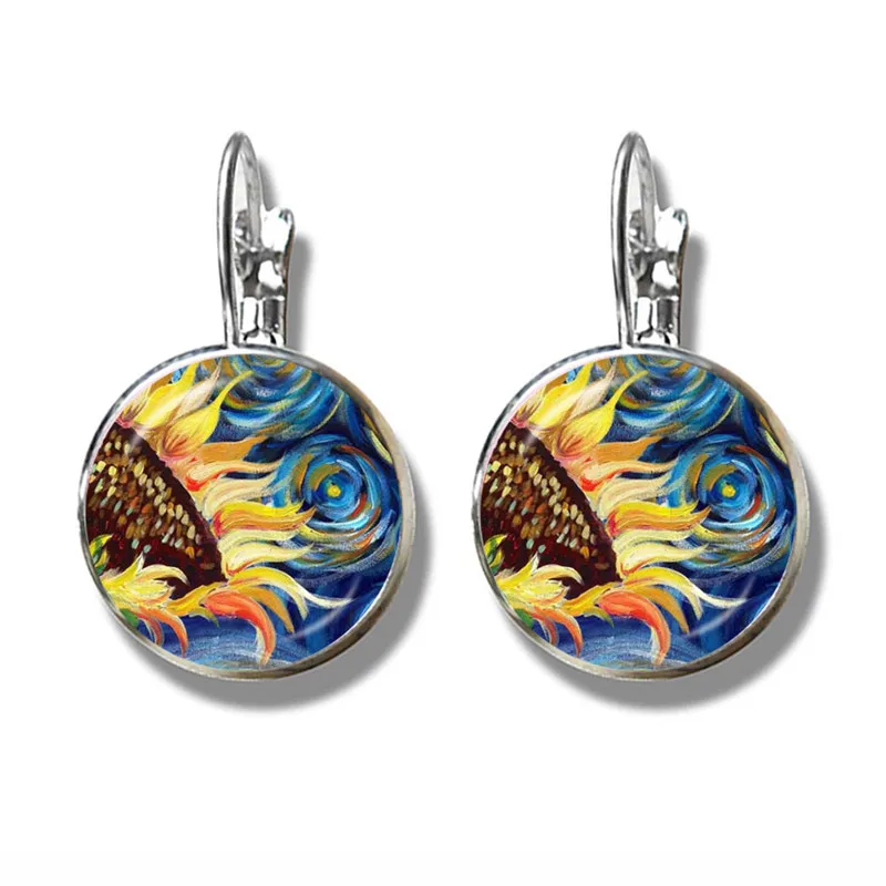 Retro Van Gogh Art Starry Night Sunflower Stud Earrings 16mm Glass Cabochon Dome Silver-plated Earrings Jewelry For Women Girls