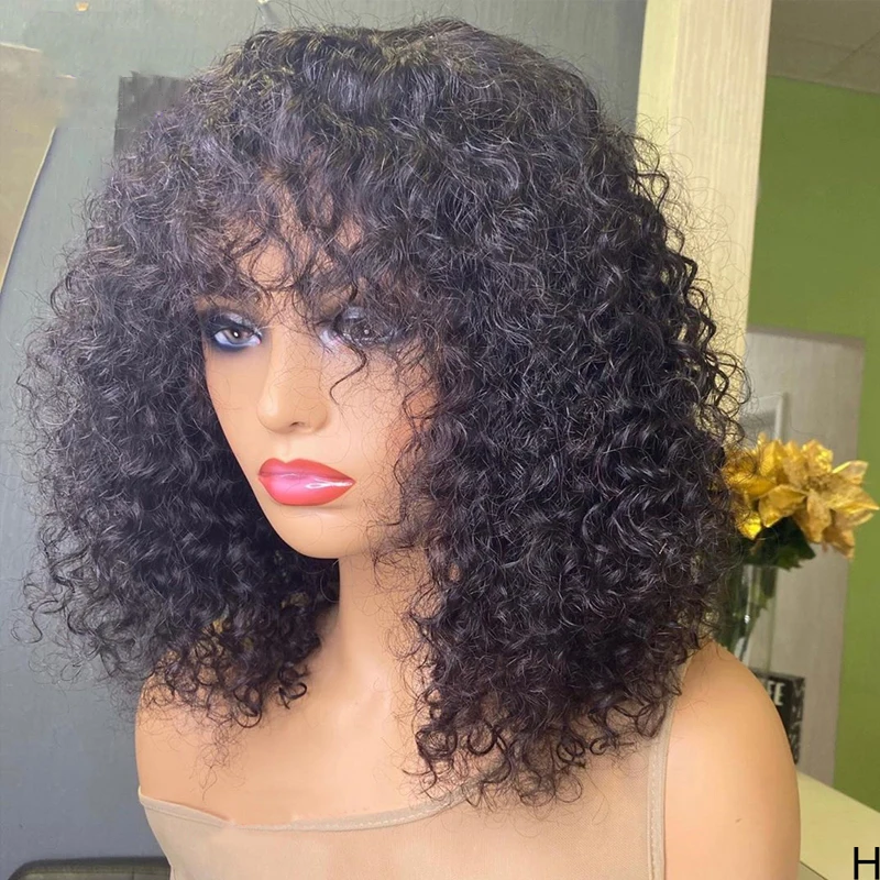 Short Bob Curly Human Hair Wigs Ombre Brazilian Remy Hair WIgs With Bangs Full Machine Made 180% Density Wigs For Black Women