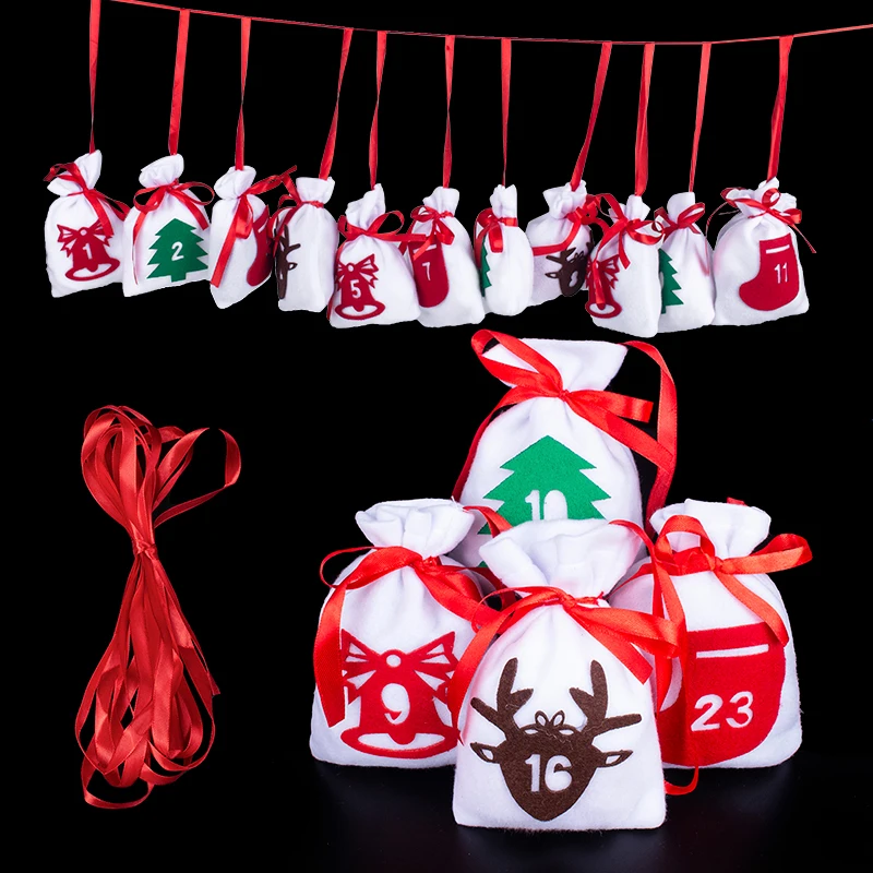 Hanging Gift Pouch With Clips Stickers 24PCS Christmas Advent Calendar Countdown Bag Sack 2021 Christmas Advent Calendar Bags