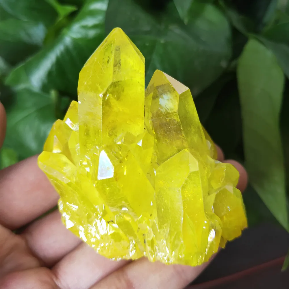 

140g Aura natural Crystal cluster yellow Titanium coatingStone Flower plating quartz vug Crystals Healing home decor