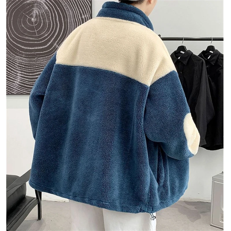 Winter Coats Men Fashion Stand Up Collar Zipper Patchwork Loose Outerwear Plus Velvet Thickening Warm Lamb Wool Coat Winterwear