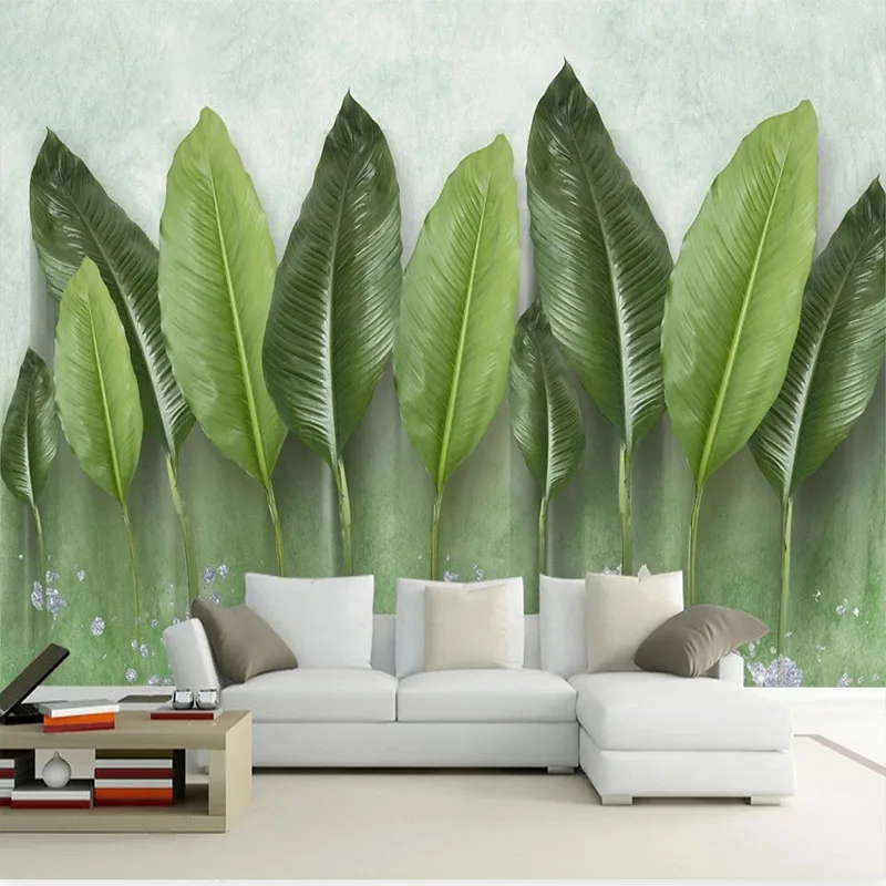 Modern Simple Watercolor Hand Painted Green Leaf Sofa Tv Background  Decor Self-Adhesive Waterproof Canvas Wall Covering Sticker