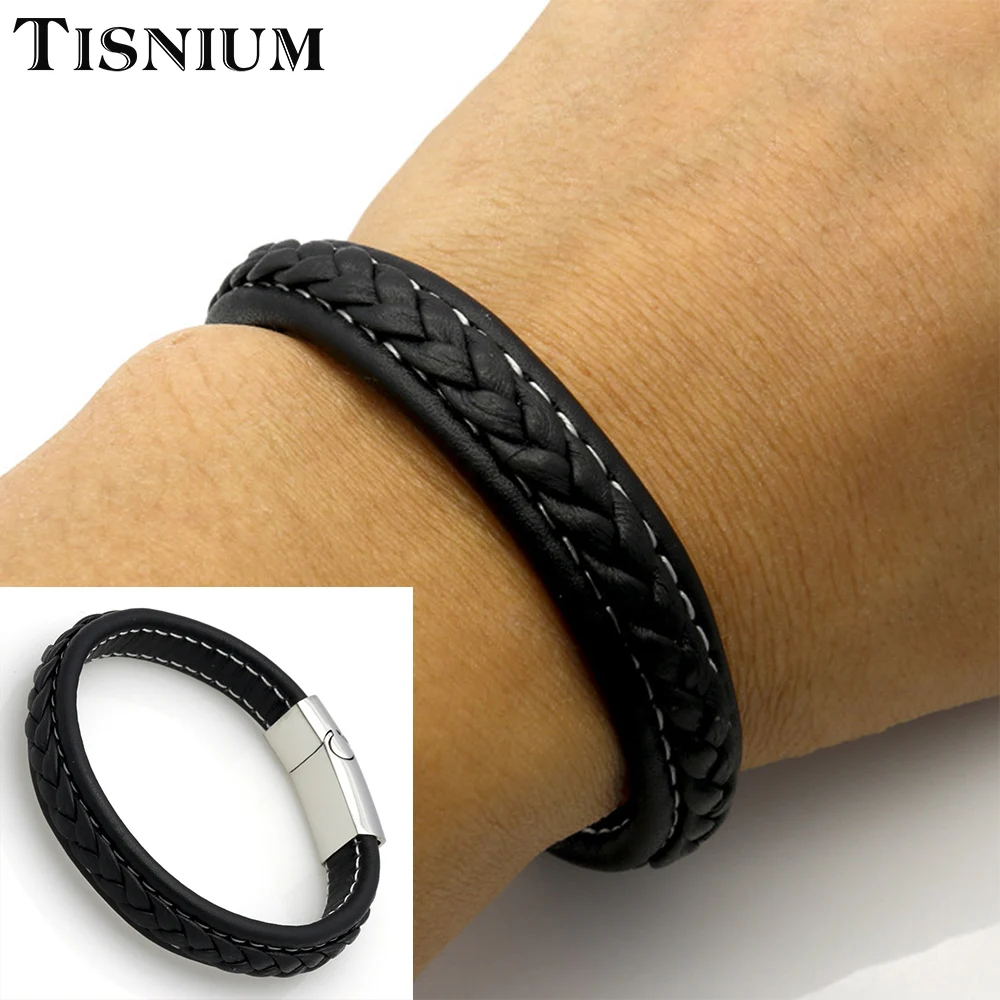 Tisnium Black Leather Bracelet For Men Aesthetic Gothic Jewelry Halloween Gifts Best Friends Punk Hip-Hop Male Accessories 2020