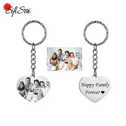 Sifisrri Custom Engraved Photo Name Heart Keychains Personalized Stainless Steel Drive Safe Key Ring Women Men DIY Jewelry Gift