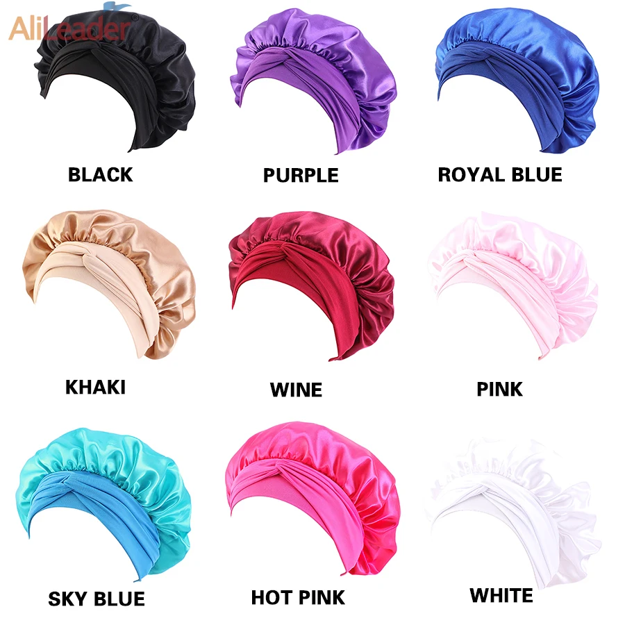 Satin Bonnet Silk Satin Night Sleep Cap Turban 9Color Polyester Elastic Night Sleeping Shower Cap Hair Bonnet Hat Head Cover