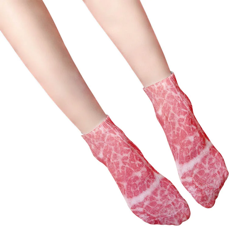 Chaussettes courtes unisexes en coton imprimé viande 3D pour femmes, chaussettes courtes à rinçage, créativité décontractée, bateau de compression