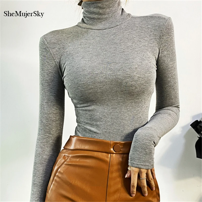 SheMujerSky Women Knitted Solid Color Turtleneck Bodysuit Tops 2021 Spring Autumn Long Sleeve Elastic Slim Jumpsuits