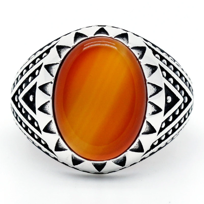 Natural stone ring men's 925 sterling silver agate stone antique hold lucky ring women's men's Turkish jewelry