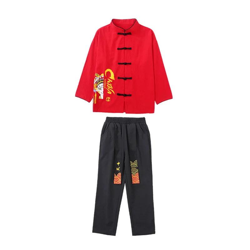 Hanfu chino tradicional de Año Nuevo, camisa blanca y roja, Top negro, pantalones, falda para niñas y niños, traje de actuación de baile de escenario, ropa