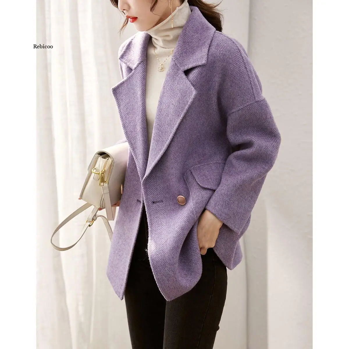 

Solid Blends Women Purple Elegant Loose Sash Korean Style Chic Trendy Popular Double Breasted Winter Warm College Students Lady