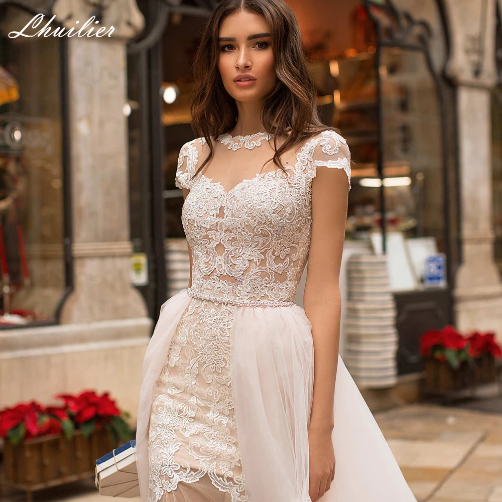Lhuilier Customized Mermaid Lace Wedding Dresses O Neck Short Sleeves Appliques Beaded Bridal Dress with Detachable Train