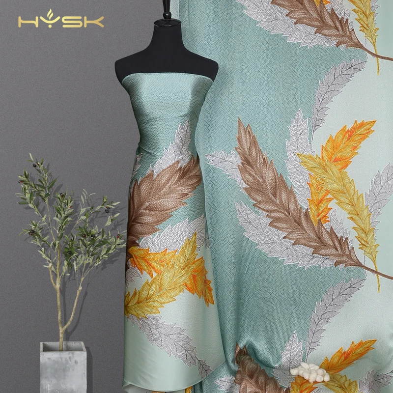 HYSK 100% pure silk charmeuse fabric big leaves abstract pattern hand printed design elegant real silk satin fashion top C2355