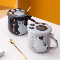 Cute Cat Coffee Ceramic Cup with CAT'S Paw Cover Afternoon Tea Cup Drinking Cup Lovely Breakfast Milk Mug with Lid Couple Goblet