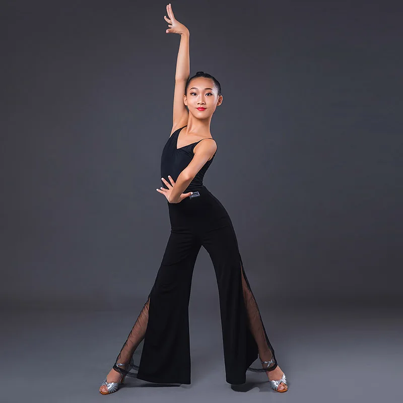 2020 Latin Dance Pants For Girls Black Wide Leg Trousers Ballroom Dancing Pants Latin Practice Dress Performance Wear DQS5430