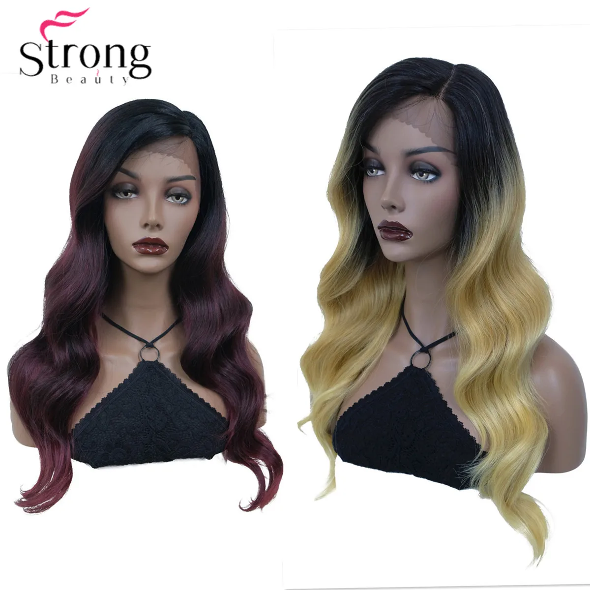 

StrongBeauty Lace Front Wigs for Women Natural Long Wavy Hair Ombre Wig Blonde/Black Synthetic Heat Resistant Fiber