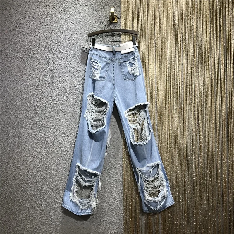 Street High Women Hole Ripped Jeans Long Straight Harem Pants High Waist Baggy Denim Pants Hip Hop Loose Fit Trousers Streetwear