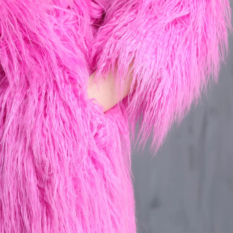 Nerazzurri Winter Hot Pink Warm Oversized Shaggy Fuzzy Hairy Faux Fur Coat Women Belt Stylish Colored Loose Korean Fashion 2021