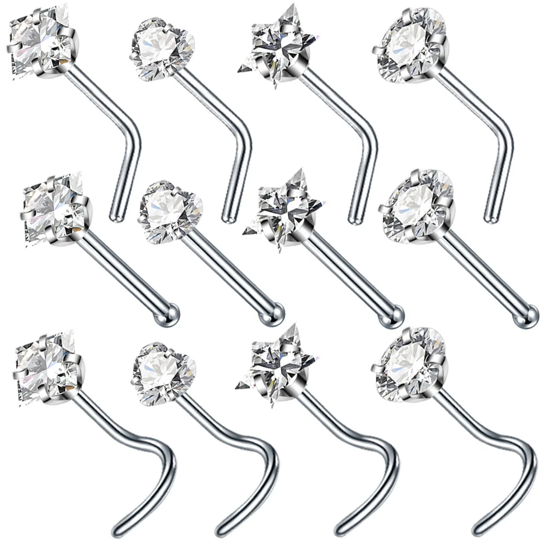 Crystal L Shape Nose Stud Set Stainless Steel