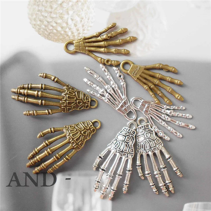 Julie Wang 8PCS Hand Bone Charms Halloween Alloy Punk Skull Skeleton Antique Color Pendant Bracelet Jewelry Making Accessory