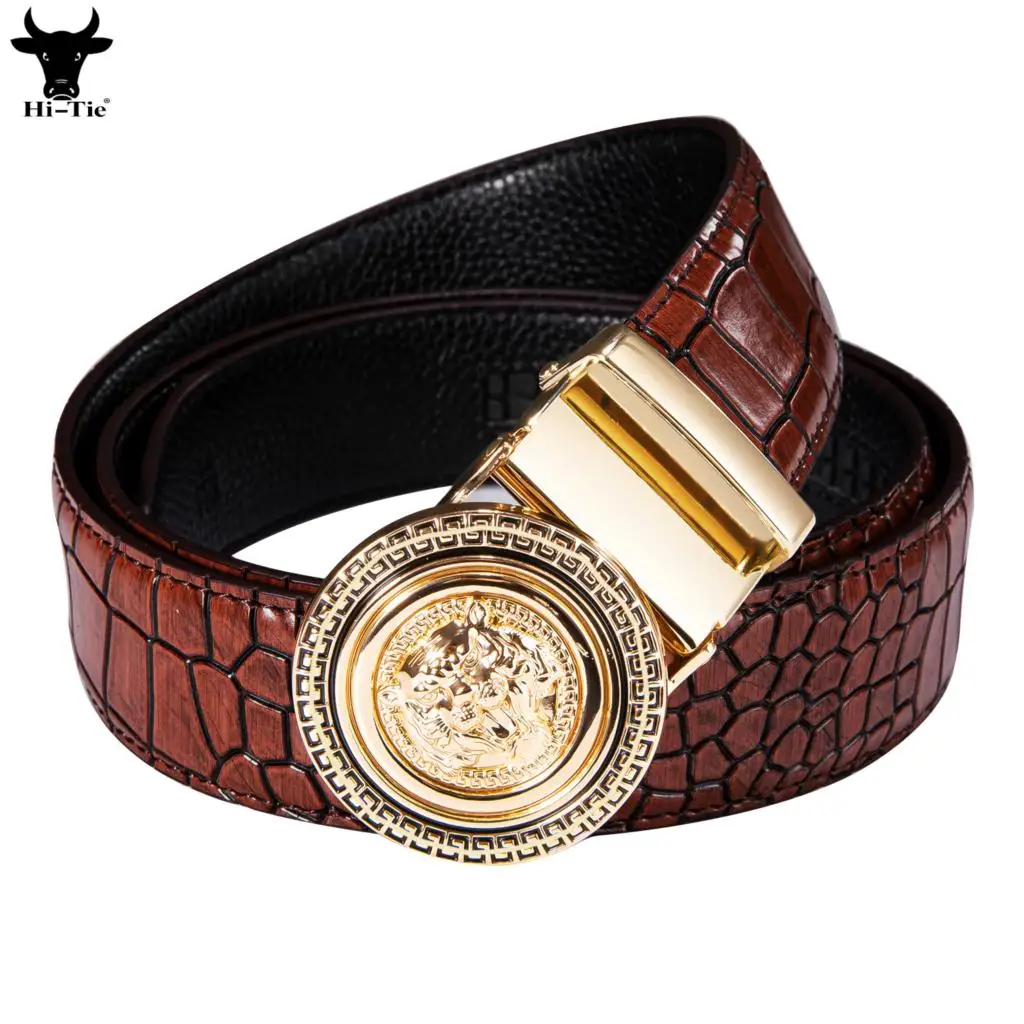 

Hi-Tie Red Leather Mens Belts Gold Tiger Automatic Buckles Ratchet Waistband Cowboy Belt for Men Jeans Dress Wedding Business XL