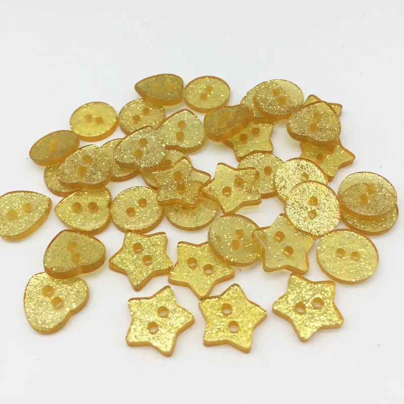 50pcs Gold Yellow Glitter Heart Star Round Buttons 2 Holes Sewing DIY Crafts Embellishments Sparkle Chriatmas Scrapbook