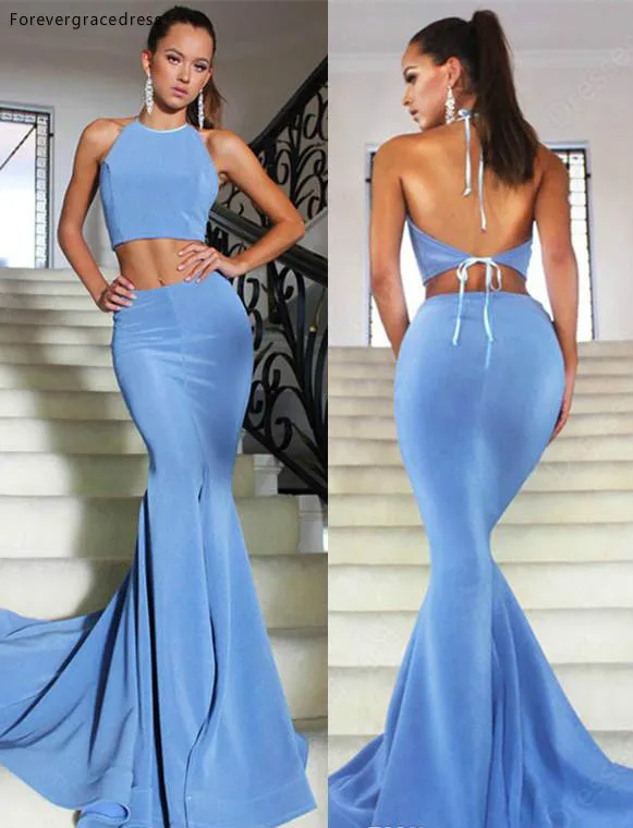 Ocean Blue Evening Dress Simple Two Pieces Backless Formal Summer Holidays Wear Party Gown Custom Made Plus Size