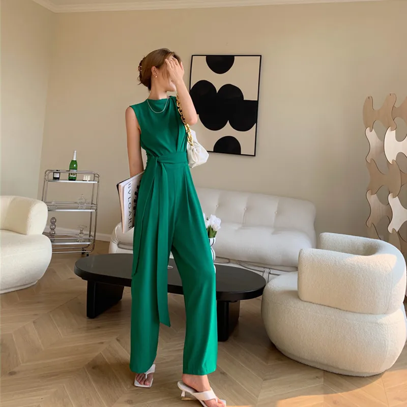 Elegant Woman Green Sleeveless Jumpsuit Summer Outfit Bandage High Waist Wide Leg Pants Black Rompers Playsuits Female Overalls