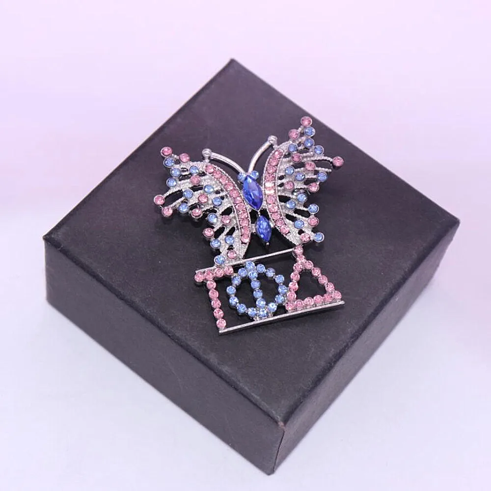 Sorority Womenhood Pink Blue Crystal Butterfly Greek Letters Gamma Phi Delta Brooch Pin Organization Jewelry